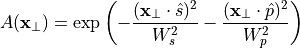 \begin{eqnarray*}
   A(\pvec{x}_\perp)= \exp\left( -\frac{(\pvec{x}_\perp \cdot \hat{s})^2}{W_s^2} - \frac{(\pvec{x}_\perp \cdot \hat{p})^2}{W_p^2}\right)
\end{eqnarray*}